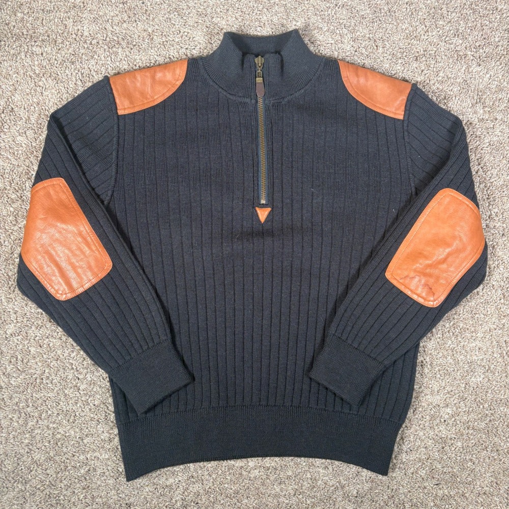 Orvis Mens Wool Blend Quarter Zip Shooting Sweater Leather Patches Gray Large